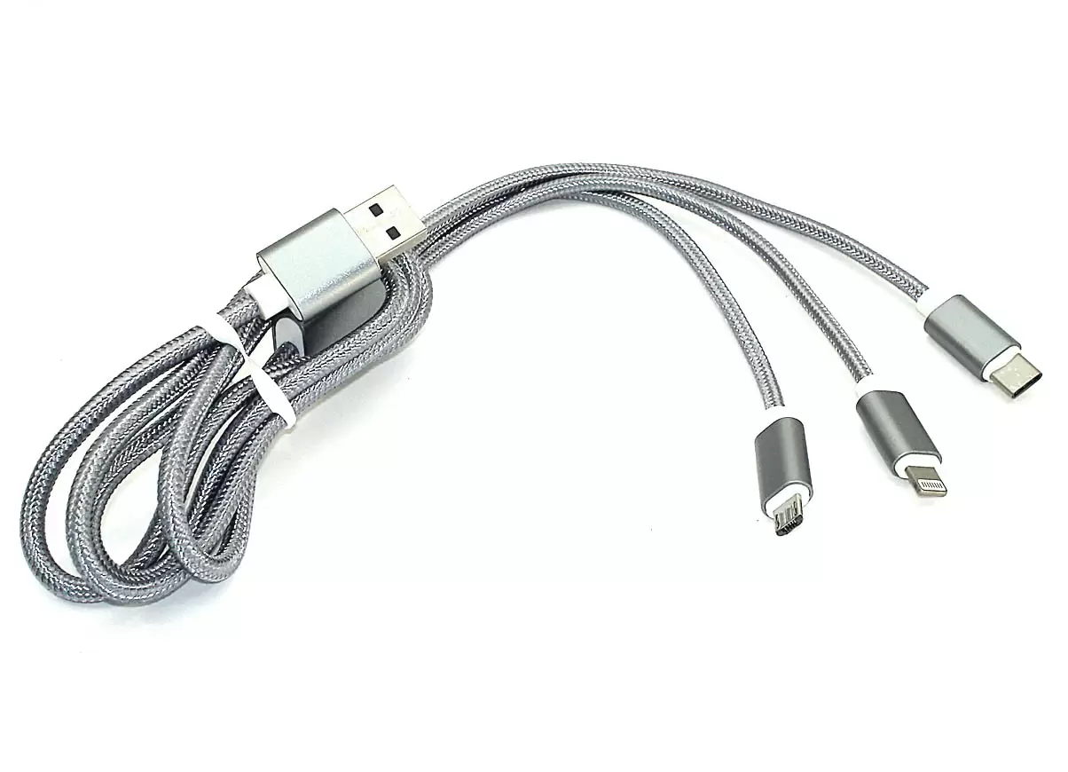 Кабель для зарядки USB (3-в-1) ( Apple Lightning 8Pin, USB Type-C, USB-Micro)  ШНУРОК. 1m. Серый 077391 купить в Минске, цена