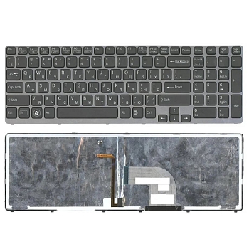 Клавиатура для ноутбука Sony Vaio SVE1511, черная, рамка серая, с подсветкой