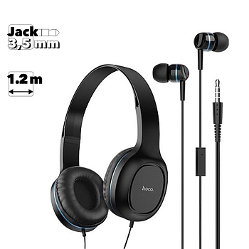 Гарнитура Hoco W24 Enlighten Headphones With Mic Set 2-in-1 (накладная+вставная) (черная, синяя)