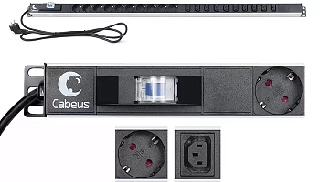 Cabeus PDU-16-10S-10C13-B Блок розеток для 19" шкафов, вертикальный, 10 розеток Schuko, 10 розеток IEC 320 C13, 16А, автомат защиты, алюминиевый корпу