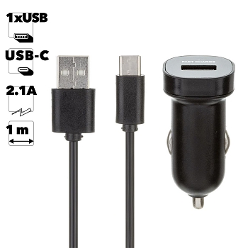 Автомобильное зарядное устройство "LP" с выходом USB + кабель USB Type-C 2.1A (черный, коробка)