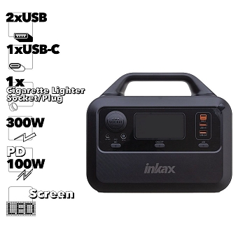 Внешний АКБ inkax 300WH, 2xUSB, 1xUSB-C, PD100W, LED дисплей, ПЗУ для авто, Li-Ion (черный)