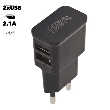 Сетевое зарядное устройство "LP" с 2*USB выходами 2А компакт (черный, коробка)