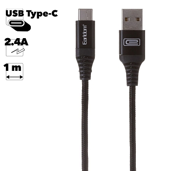 USB кабель Earldom EC-038C Type-C, 2.4A, 1м, нейлон (черный)