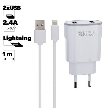 Сетевое зарядное устройство "LP" с двумя выходами USB 2.4A + кабель Apple 8-pin Classic Plus (белый, коробка)