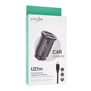 Автомобильное зарядное устройство U21m (2-USB/2.4A) + MicroUSB кабель, 1м короткий блок, черный (Vixion)