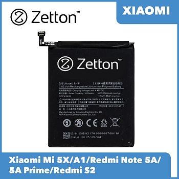 Аккумулятор (батарея) Zetton для телефона Xiaomi Mi 5X, A1, Redmi Note 5A, 5A Prime, Redmi S2 3000 mAh, Li-Pol аналог BN31