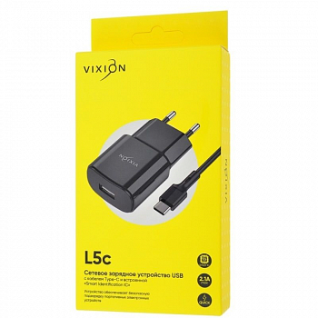 Сетевое зарядное устройство Vixion L5c (1-USB/2.1A) + Type-C кабель, 1м, черный