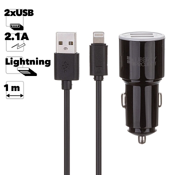 Автомобильное зарядное устройство "LP" с двумя USB выходами 2.1А + USB кабель для Apple 8-pin Barrel Series (черный, европакет)