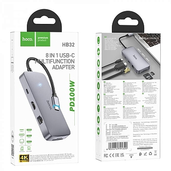 Переходник HOCO HB32 Season Type-C 8-in-1 (Type-C to HDTV+PD+USB3.0+USB2.0*2+SD+TF+RJ45), серый