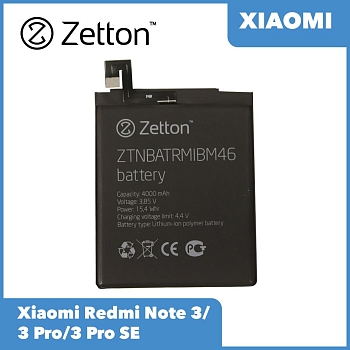 Аккумулятор (батарея) Zetton для телефона Xiaomi Redmi Note 3, 3 Pro, 3 Pro SE 4000 mAh, Li-Pol аналог BM46